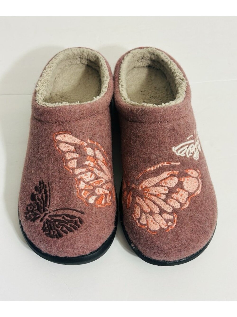 LL Bean Daybreak Scuffs Brickstone/Butterfly Cozy Wool Fleece Slippers Sz9